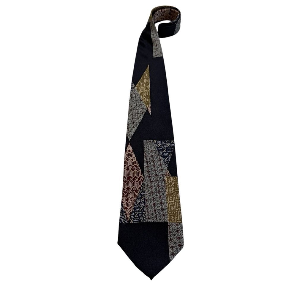 Via Veneto Hand Tailored 100% Silk Necktie Tie Geometric Patchwork Abstract Mens